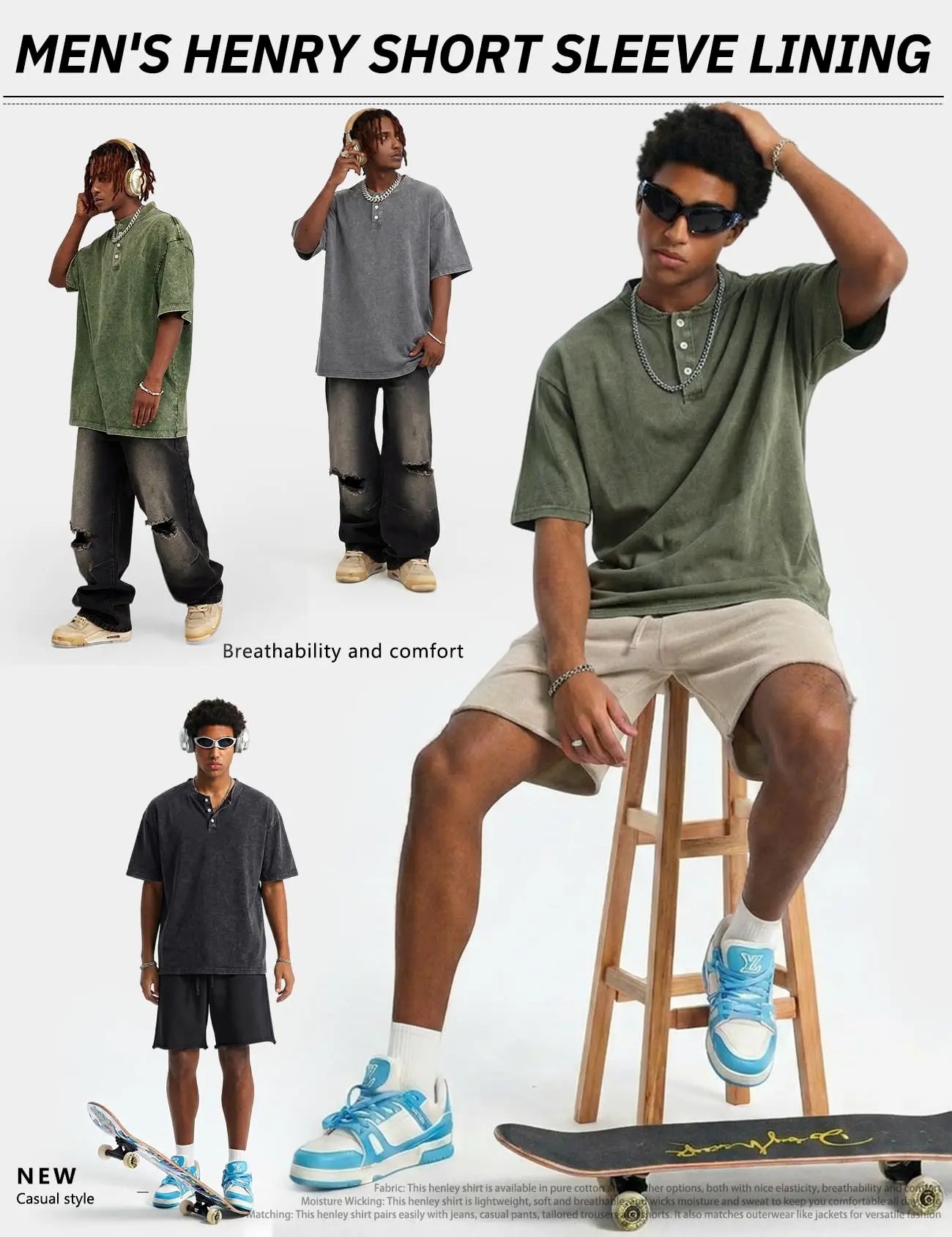 Men's 5-Pack Acid Wash Henley Shirts – Oversized Cotton Vintage Streetwear Tees