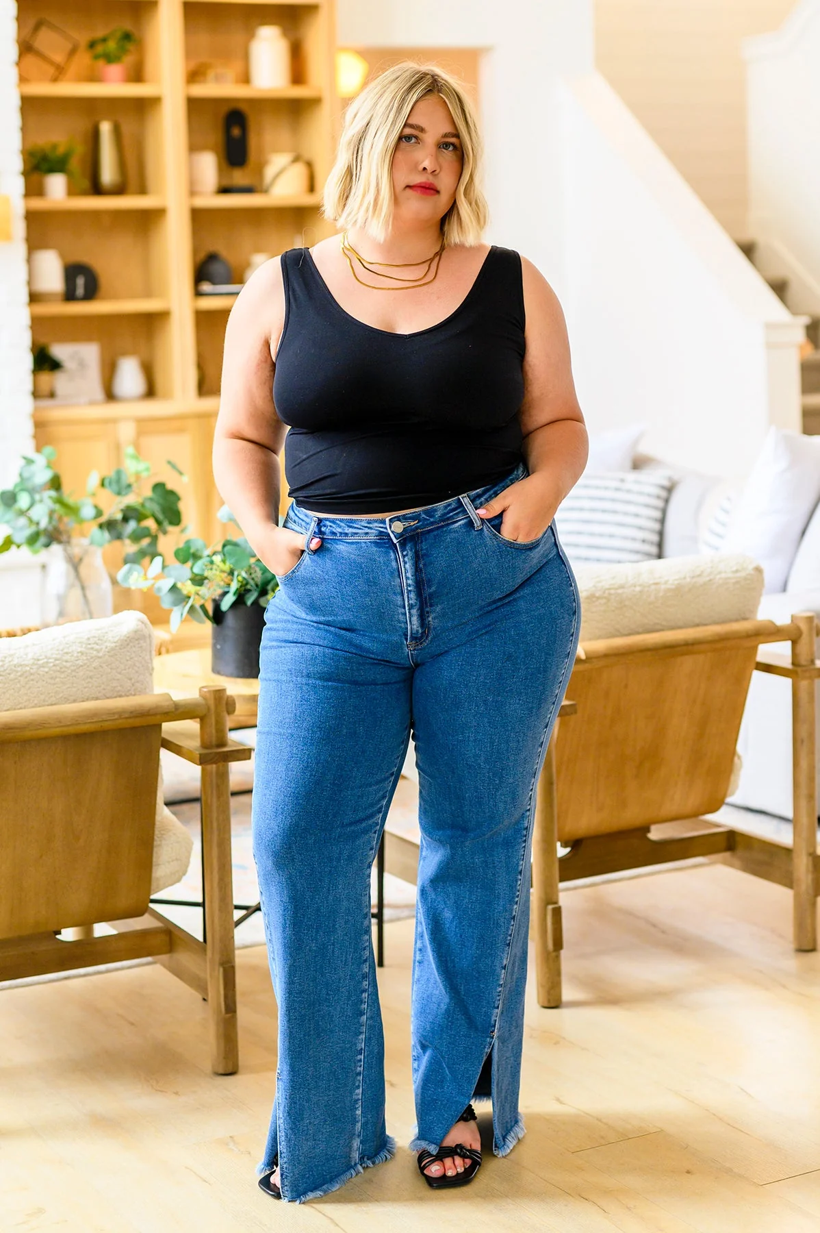 High Rise Split Hem Straight Jeans