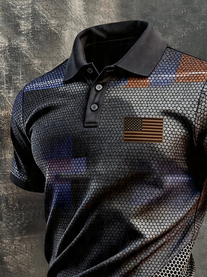 Men's Retro Patriotic Color-Block Short-Sleeve Polo Shirt