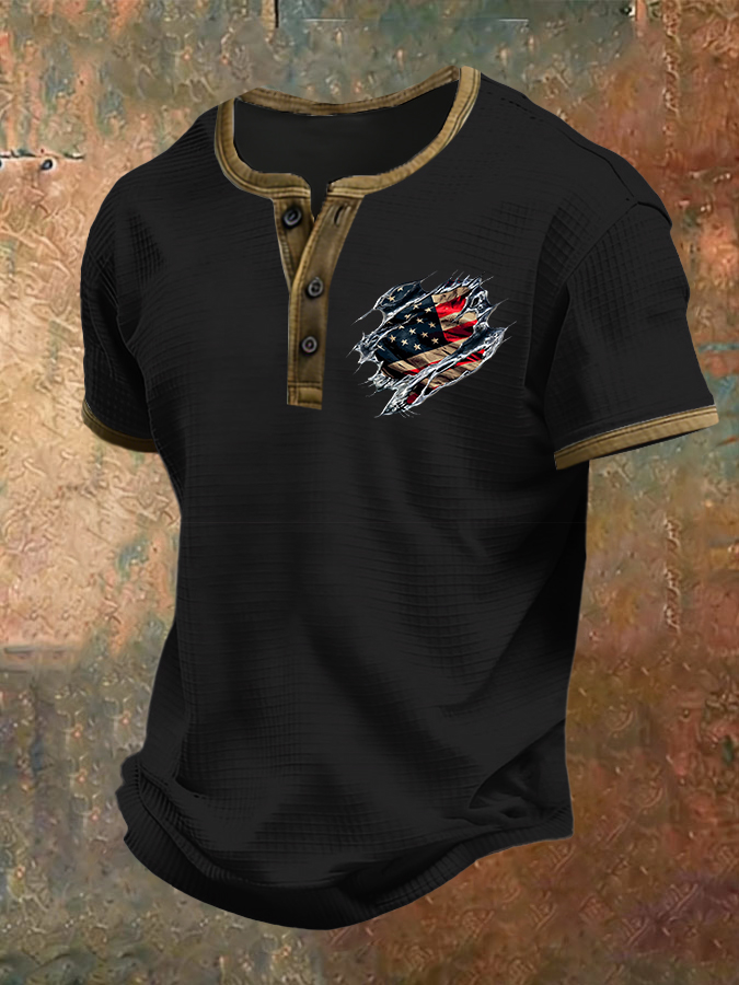 Men'S American Flag Printed Henry Collar Top