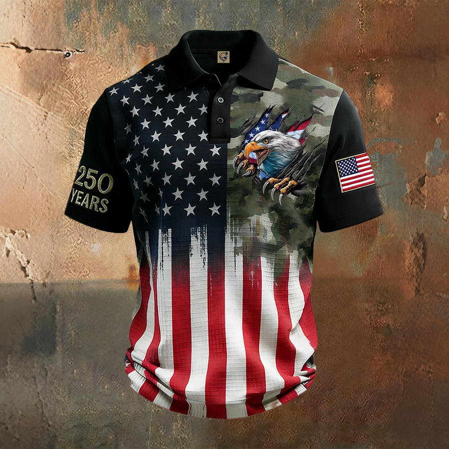 Men'S Independence Day Retro Casual Printed Polo Shirt Short Sleeve