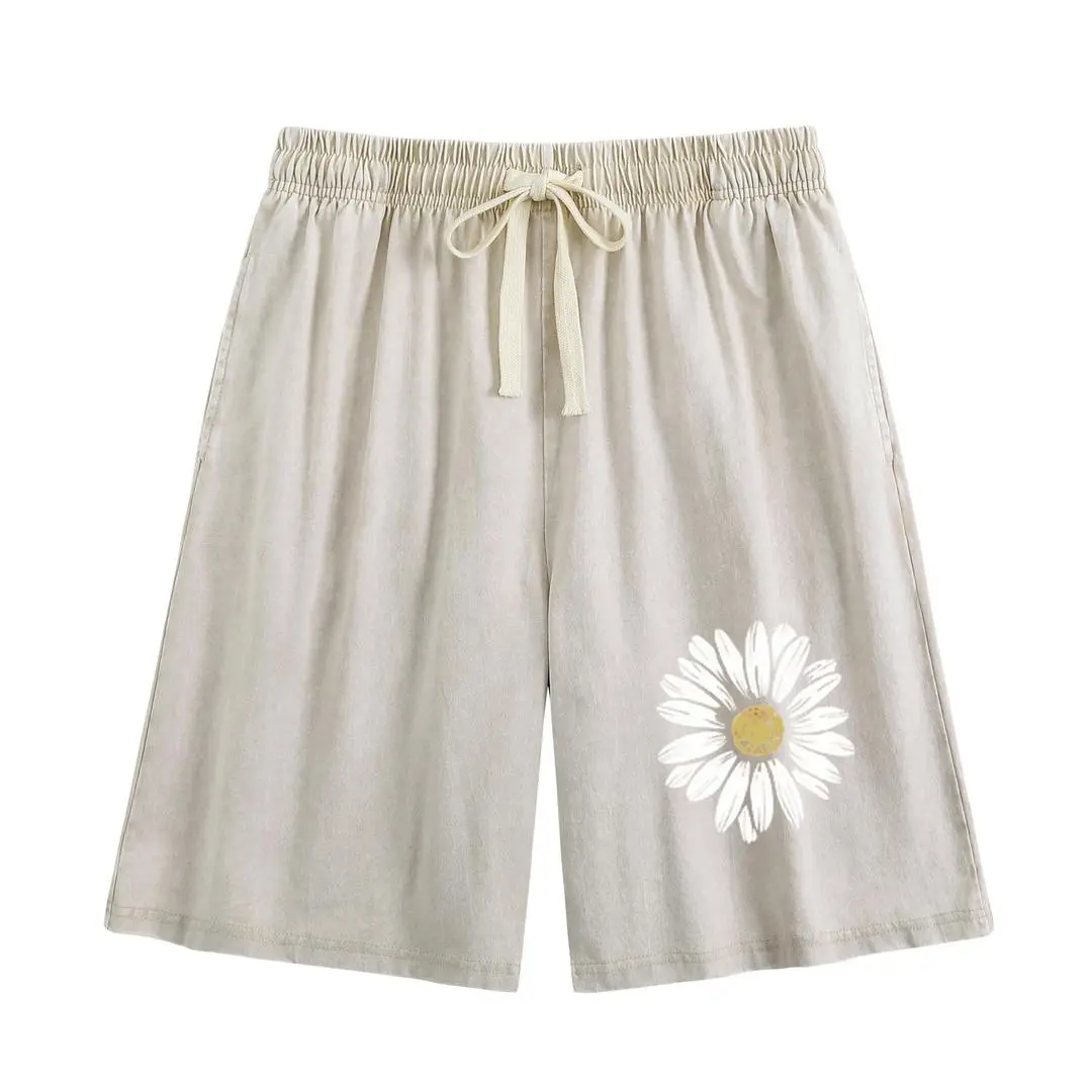 Summer Vintage Printed Acid Wash Sweat Shorts, Unisex Casual Streetwear Bottoms with Drawstring and Convenient Pockets baggy comfy