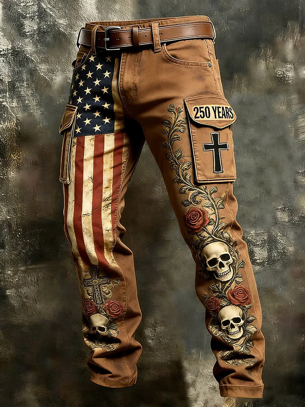 Men's Retro Skull Cross America Anniversary Print Casual Pants