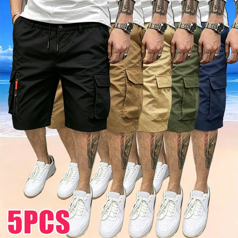Men's Athletic-Casual Cargo Shorts — Multi-Pocket Design, Elastic Drawstring Waist, Decorative Faux Zipper