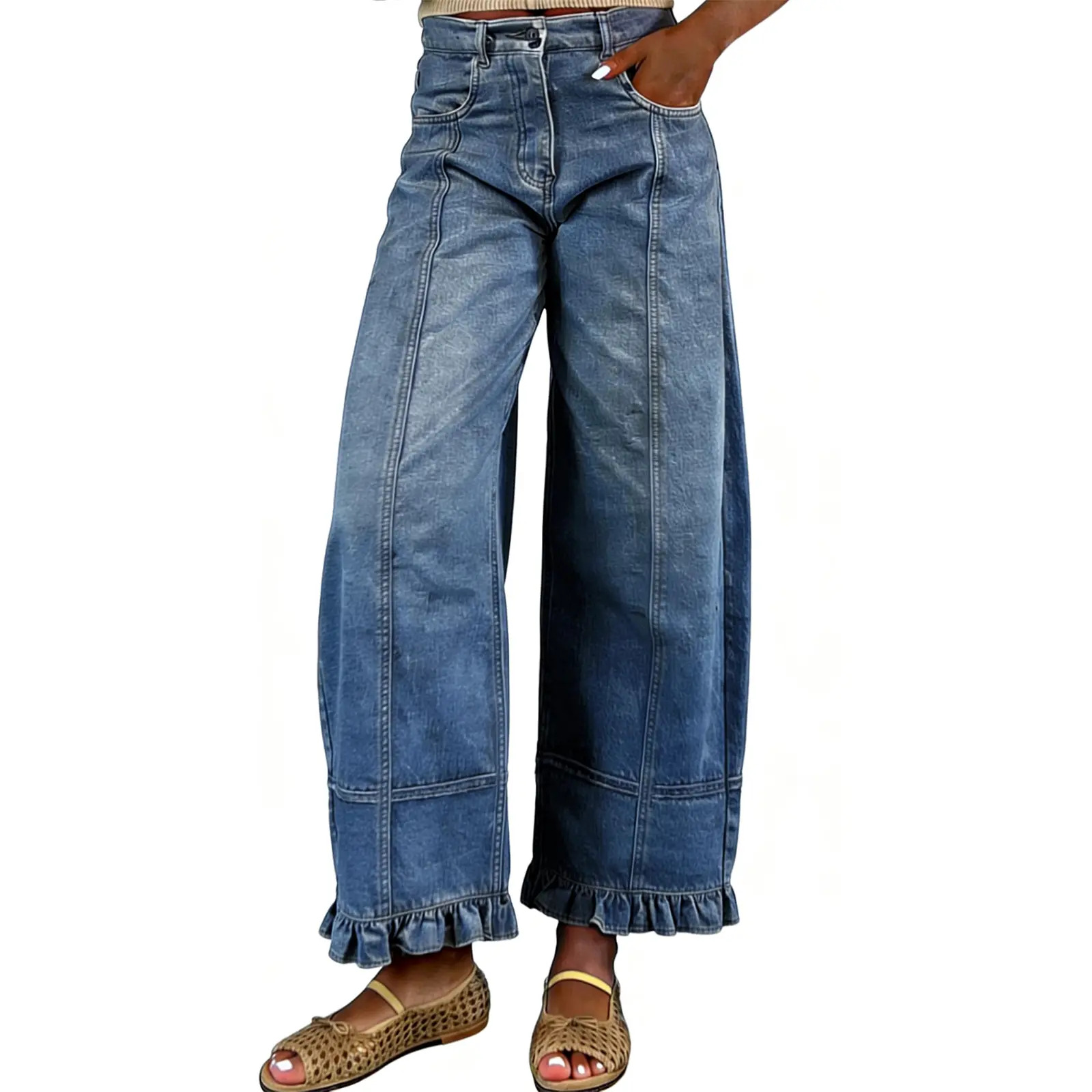 Women's Barrel-Leg Jeans 2026 Y2K Color-Block Loose Boyfriend-Fit Jeans