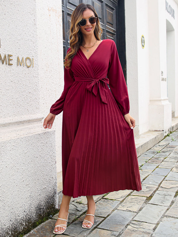 Cross V-Neck Large Pleated Midi Skirt