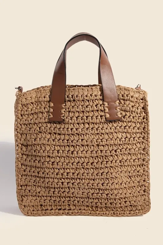 Fame Faux Leather Handle Straw Braided Handbag