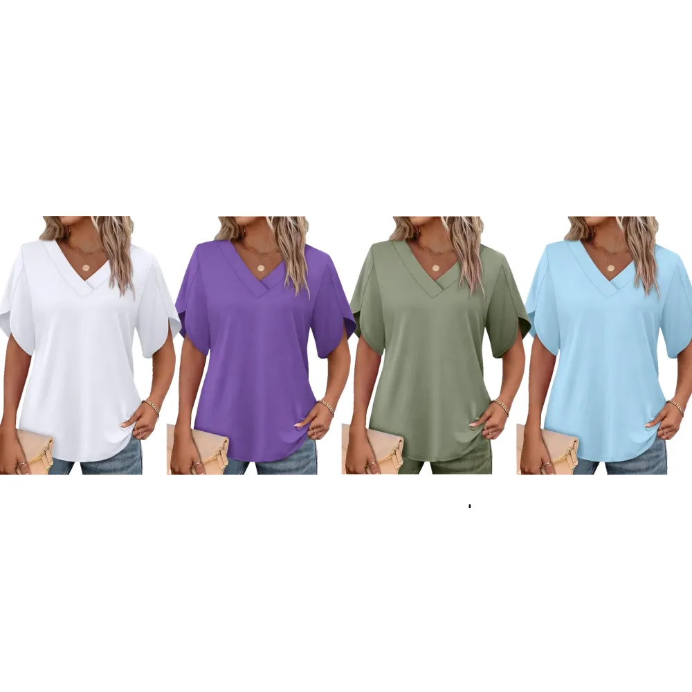 Womens Short Sleeve V Neck Dolman Tops with Side Shirring Loose Fit Shirts