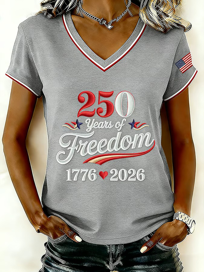 Women's Retro American 250th Anniversary Printed V-neck T-shirt