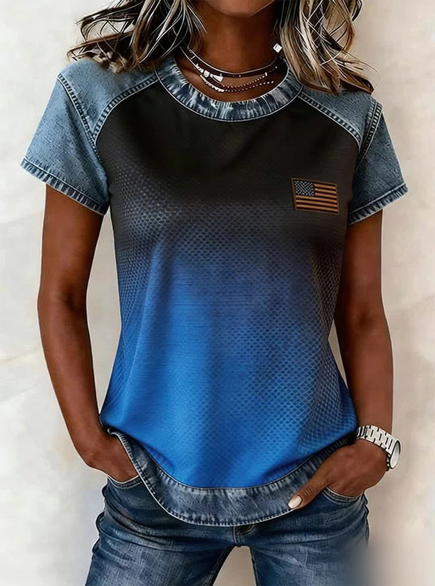 Women's Retro Casual Printed Patchwork Denim Top