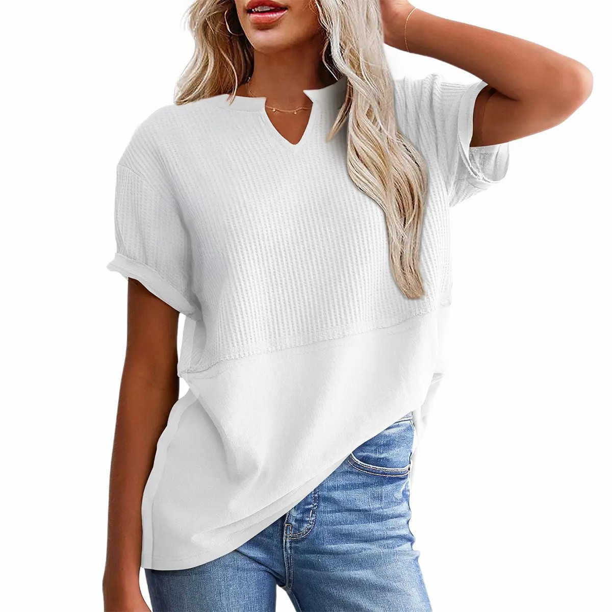 🌸 Waffle Knit V-Neck Casual Blouse