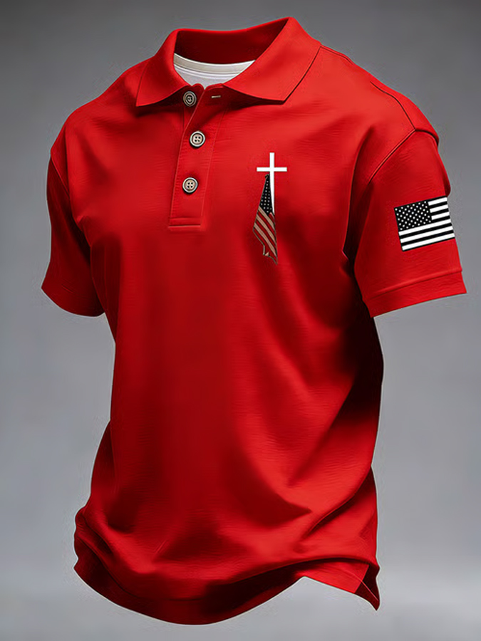 Men'S Flag Cross Printed Polo Shirt