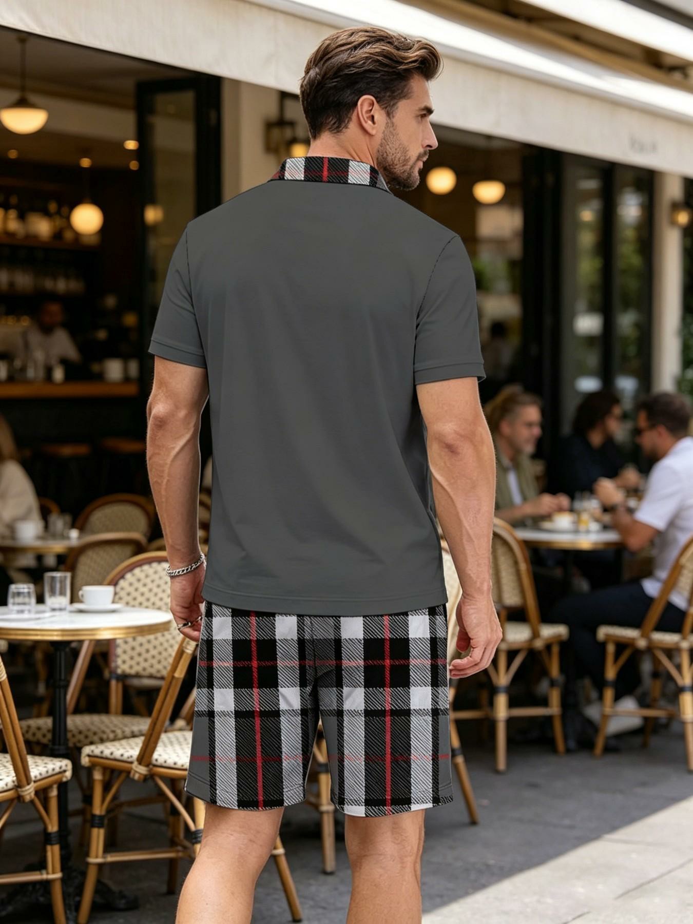 Men's Plaid Patchwork 2-Piece Summer Set – Polo Shirt & Matching Shorts, Casual Drawstring Waist with Pockets