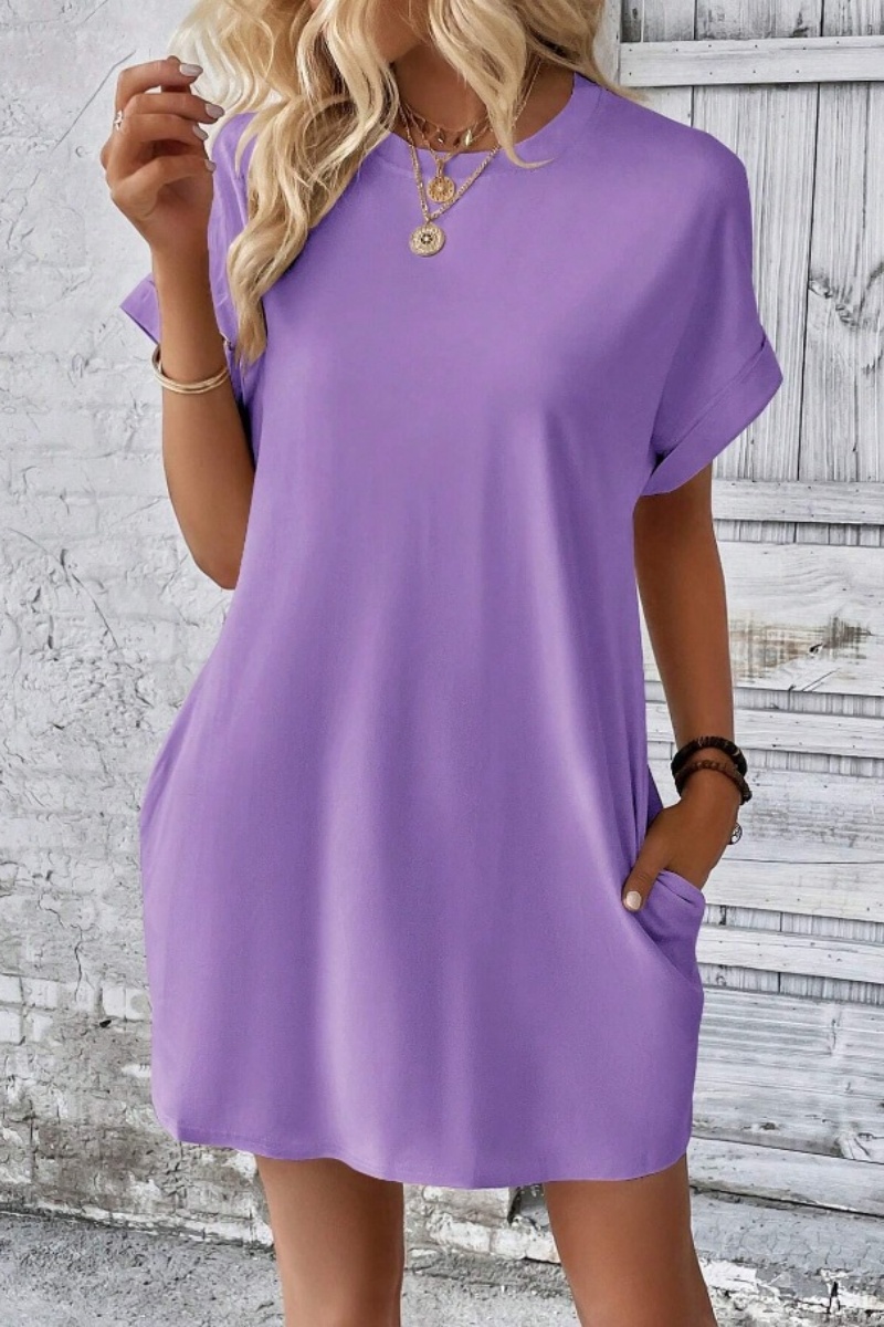 Casual Minimalist Round Neck Roll Up Sleeve Dress