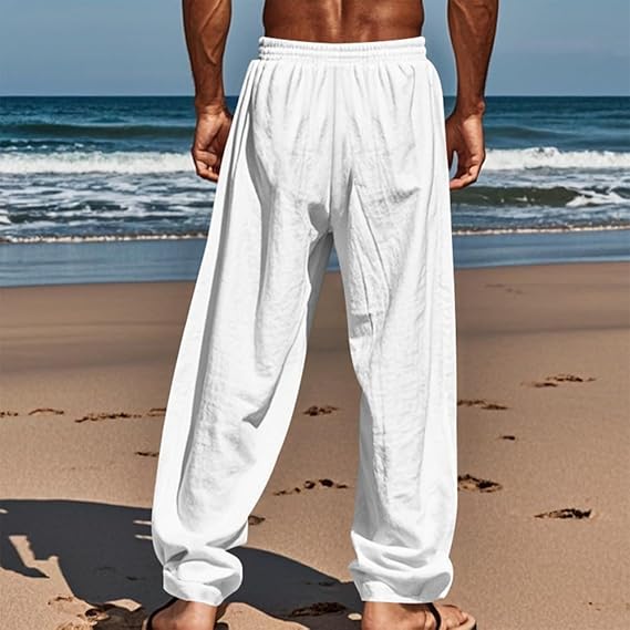 Men’s casual long pants with a loose drawstring waist; lightweight polyester fabric; classic straight leg design; breathable and comfortable; suitable for everyday wear, outdoor travel, vacations, and weekend leisure.