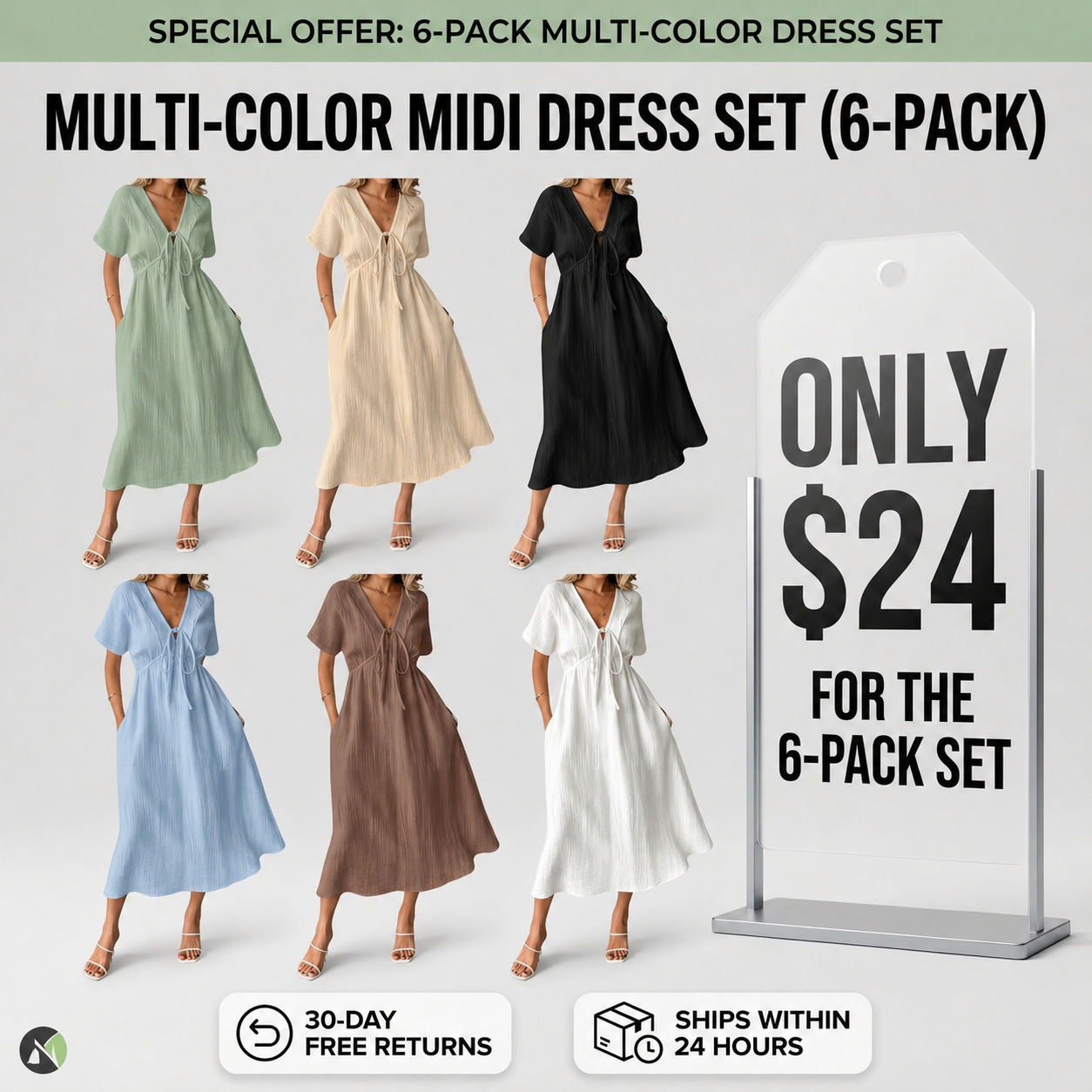 Women's Summer Solid-Color V-Neck Cotton Dress