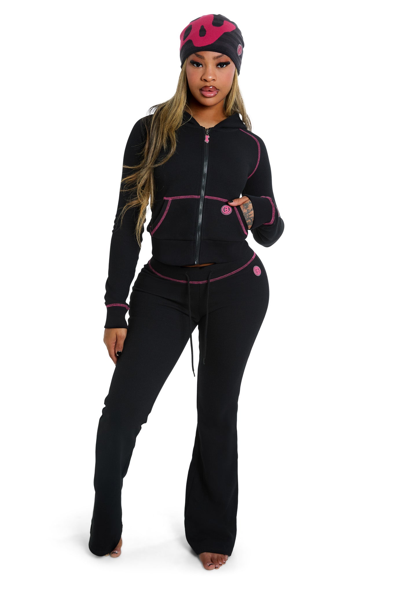 WAFFLE KNIT HOODIE (BLACK/PINK)