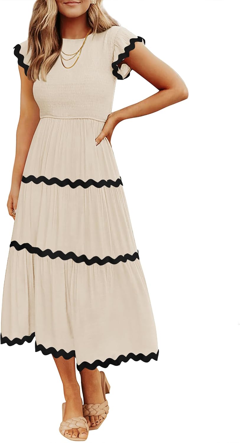 Womens Summer Casual Smocked Midi Dress 2026 Flutter Short Sleeve High Waist Tiered Flowy Boho Vacation Dresses