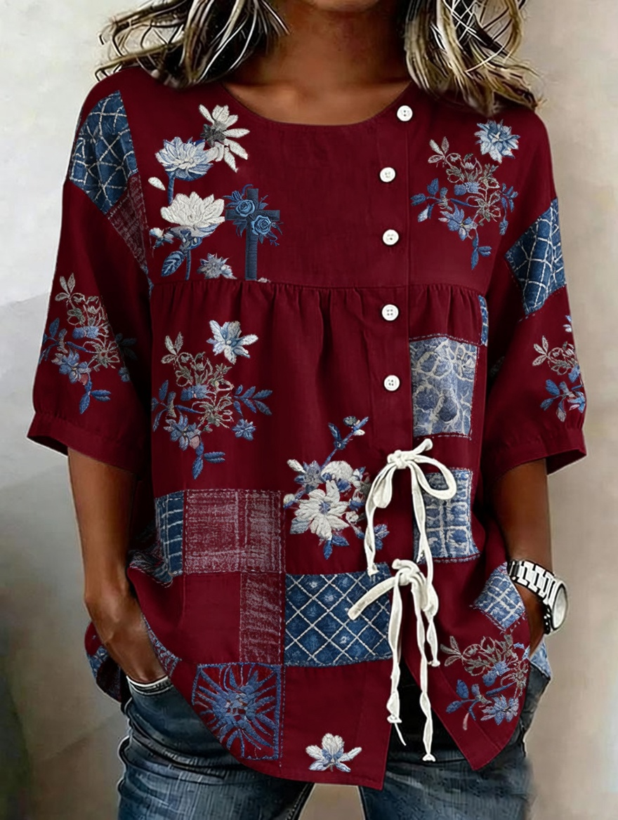 Women'S Faith Flower Art Printed Cotton Linen Casual Shirt