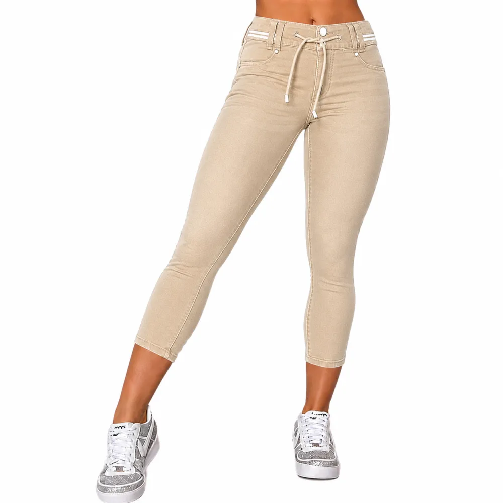 🔥Flash Sale⚡️Wash Contrast Binding Double Button Drawstring Mid Waist Capri Jeans Fit Pants High Stretch Women's Bottoms Streetwear Style