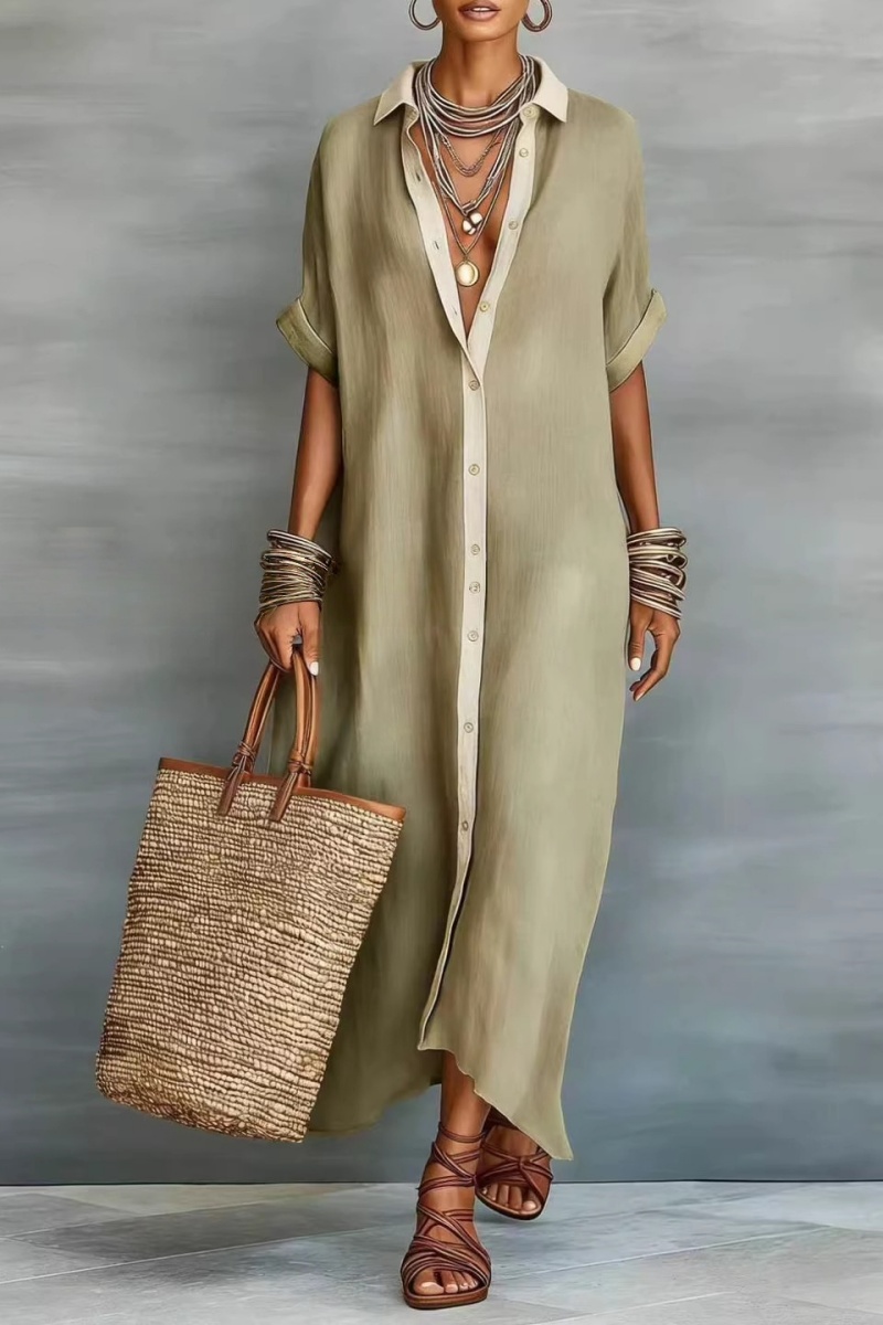 Women's Minimalist Linen Blend Short-sleeved Shirt Maxi Dress