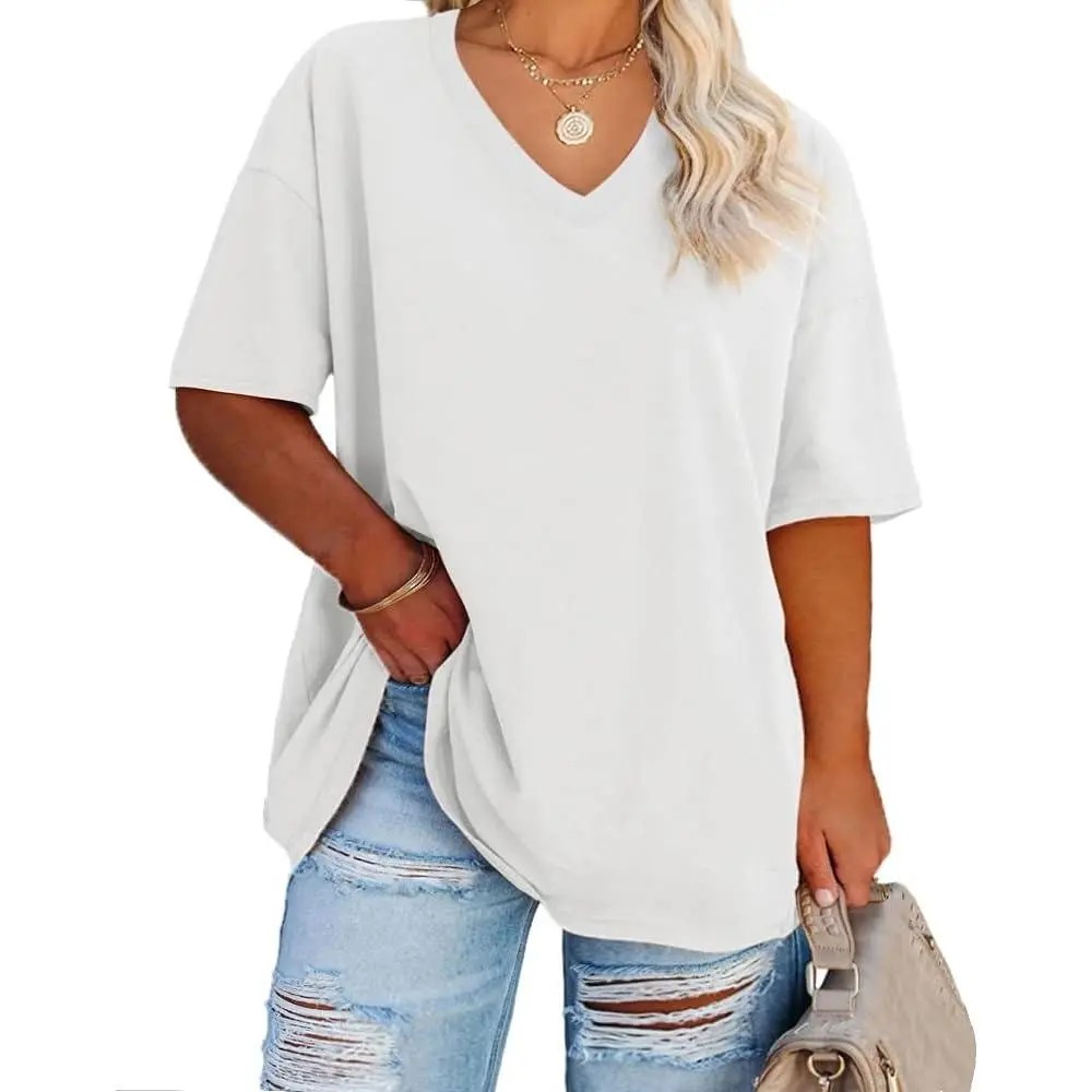Women's V-Neck Short Sleeve Tunic Top Casual Loose Fit Soft Cotton Summer Tee