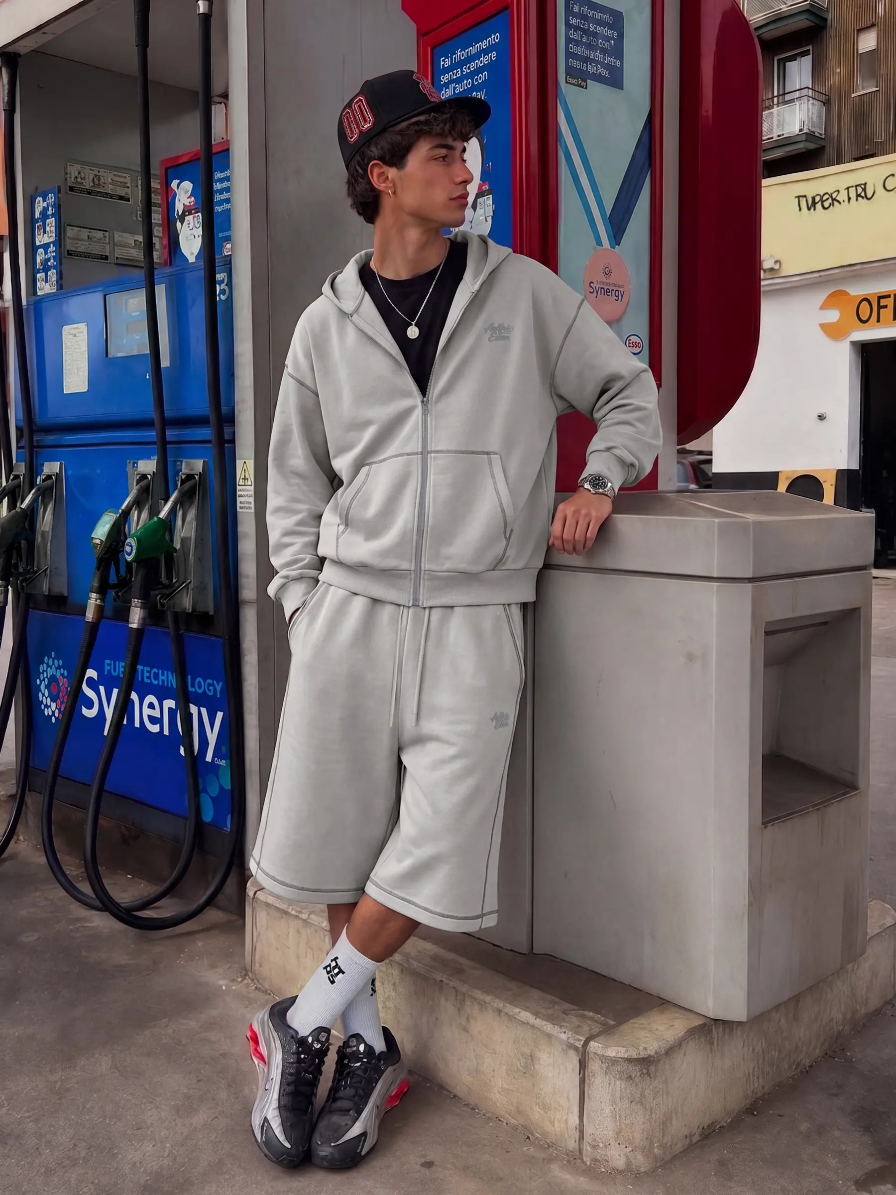 Cloud Boxy Sweat Set Contrast Stitch Zip-Up Jacket & Shorts Oversized Unisex