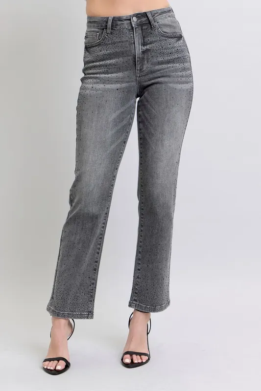 Blue Full Size High Waist Rhinestone Straight Jeans Plus Size