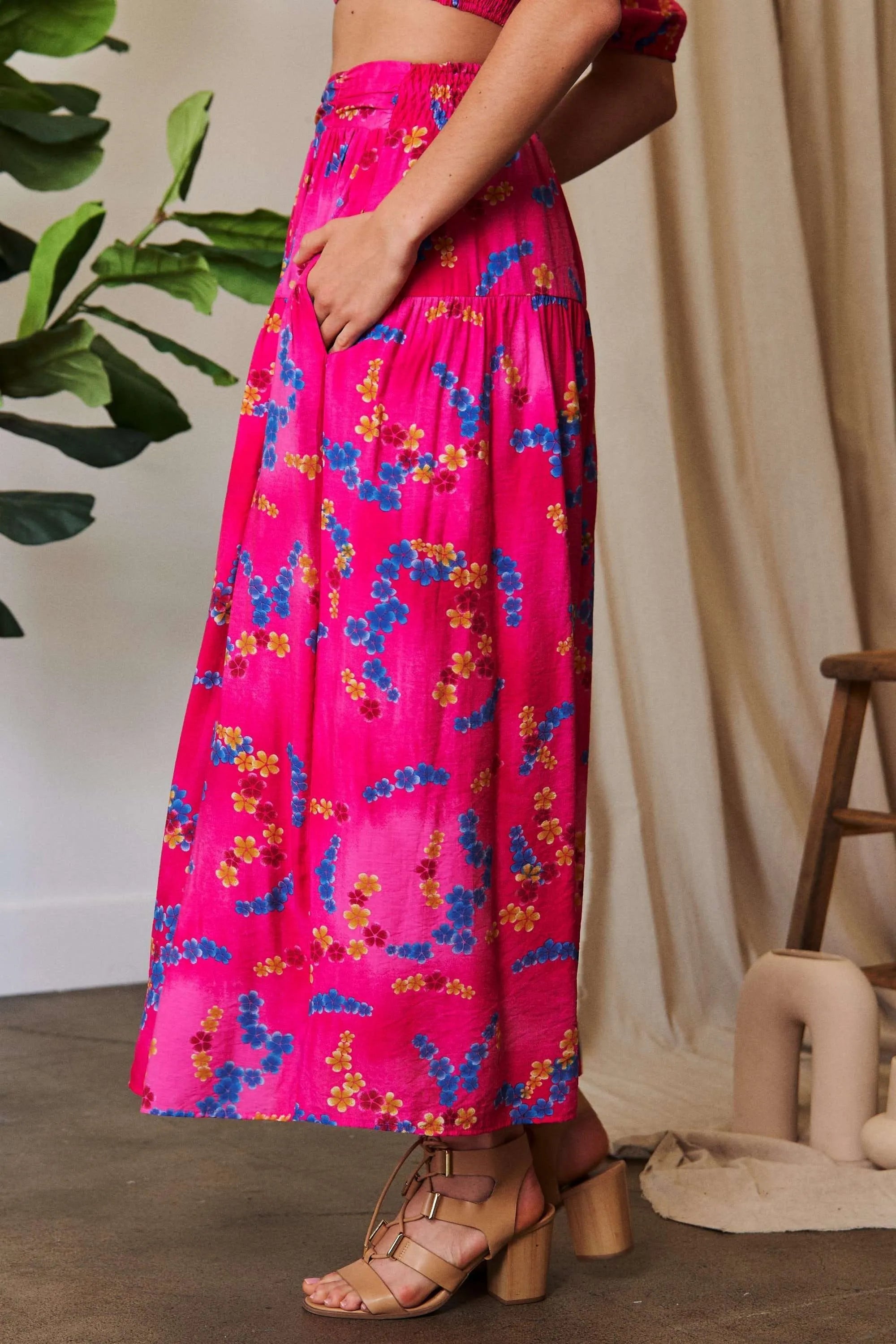 Printed Smocking Waistband Ruffled Maxi Skirt