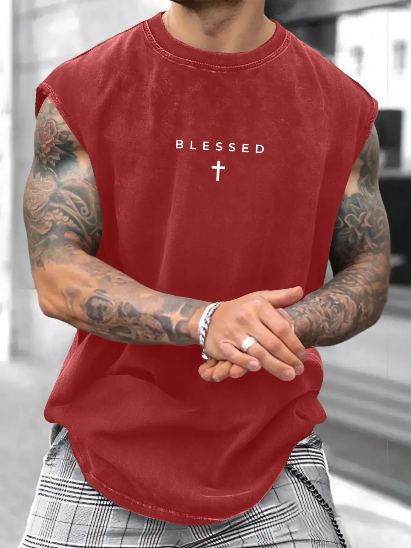 Men's Loose-Fit Sleeveless Short Graphic T-Shirt, Pure Cotton Menswear Streetwear Street Style Summer Top