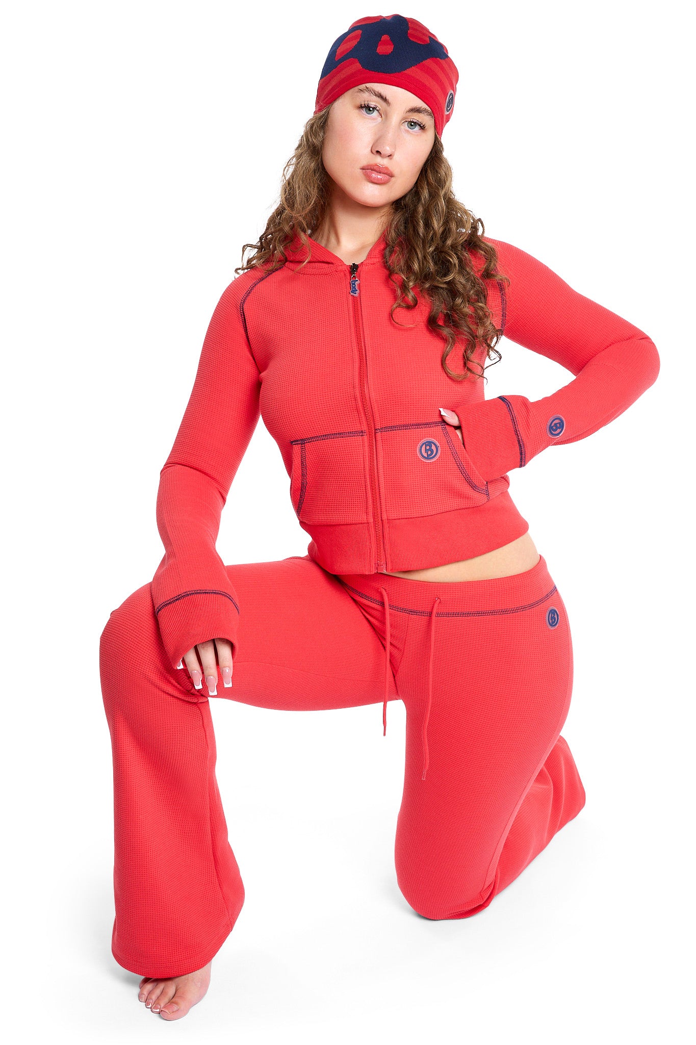 WAFFLE KNIT BOOT CUT PANTS (CANDY APPLE RED/NAVY)