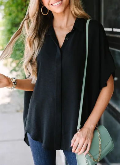 Women's Tops Dressy Casual V Neck Button Down Shirts Solid Short Sleeve Blouses Oversized Fit