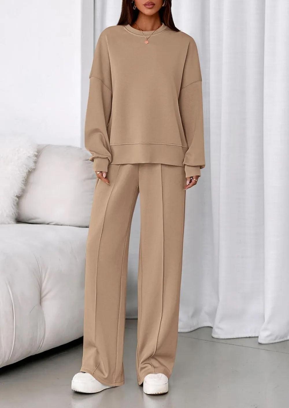 2 Piece Sets For Women Fall Trendy Long Sleeve Sweatshirt Wide Leg Pants Loungewear