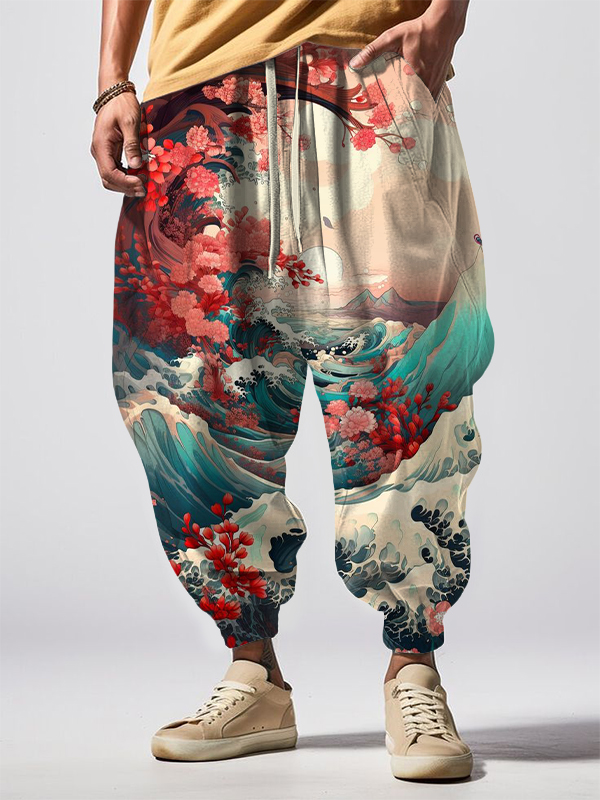 Men's Floral Sea Wave Japanese Art Print Casual Sweatpants