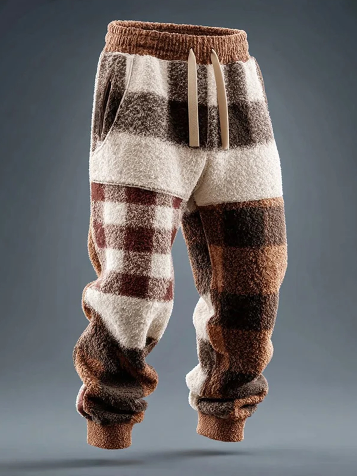 Men's Colorblock Plaid Art Print Loose Drawstring Waist Flannel Pants