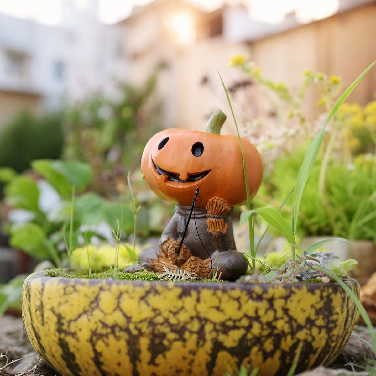 Pumpkin Fisherman Figurine  A Quirky Touch of Halloween Fun