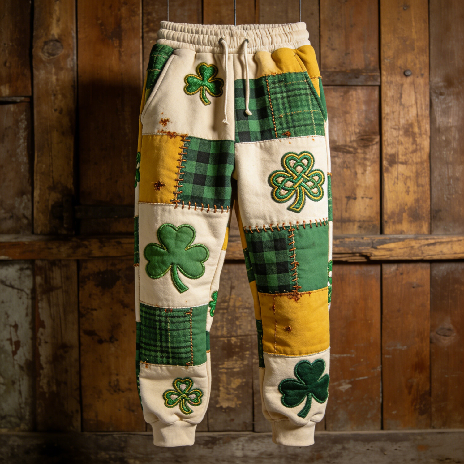 Men's St. Patrick's Day Shamrock Plaid Colorblock Patchwork Art Print Loose Drawstring Waist Sweatpants