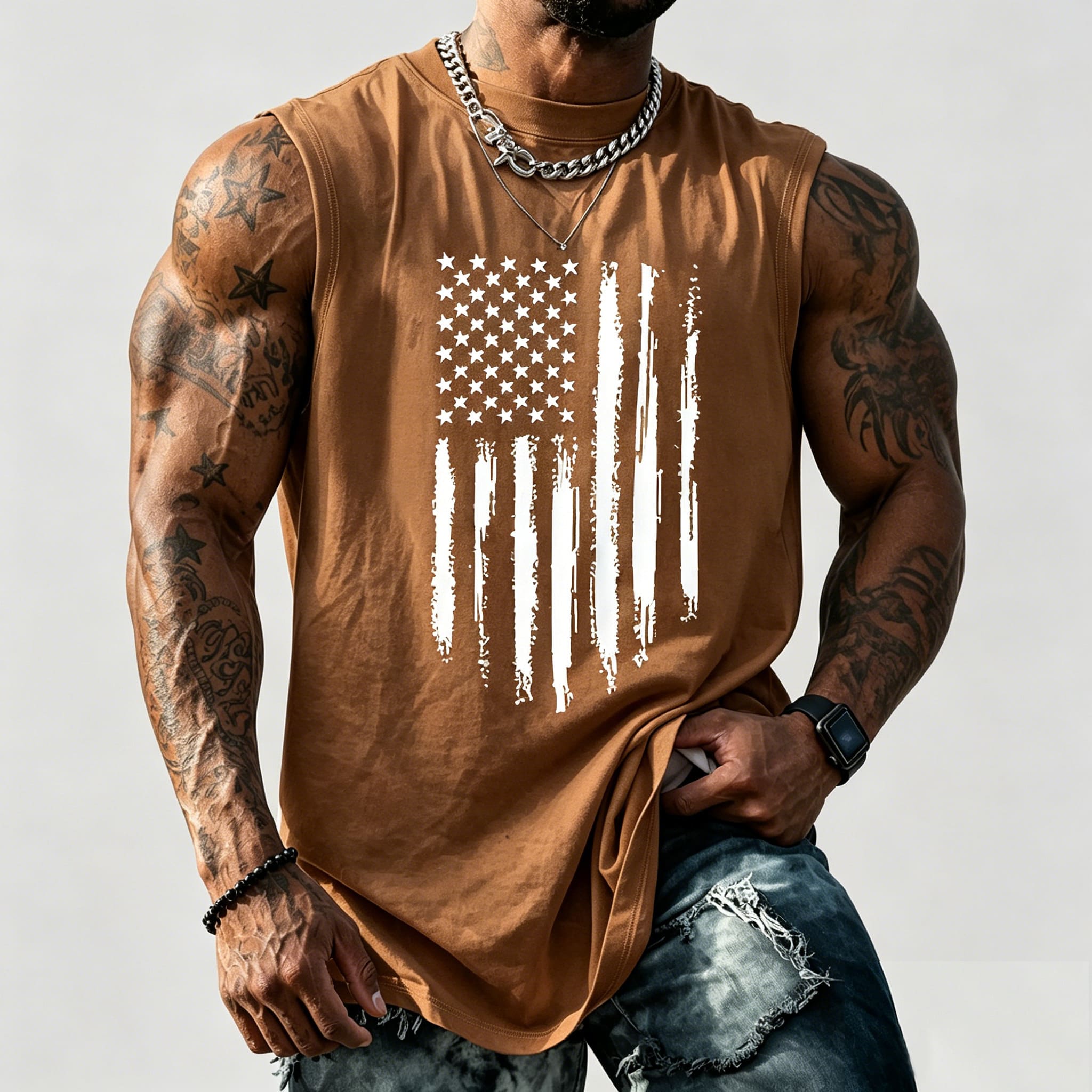 Men's American Flag Graphic Print Crew Neck Fitted Tank Top Vest