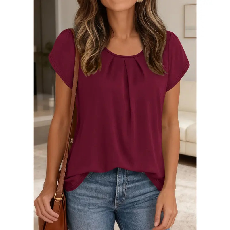 Women's Basic Crew Neck T-Shirt with Pleats