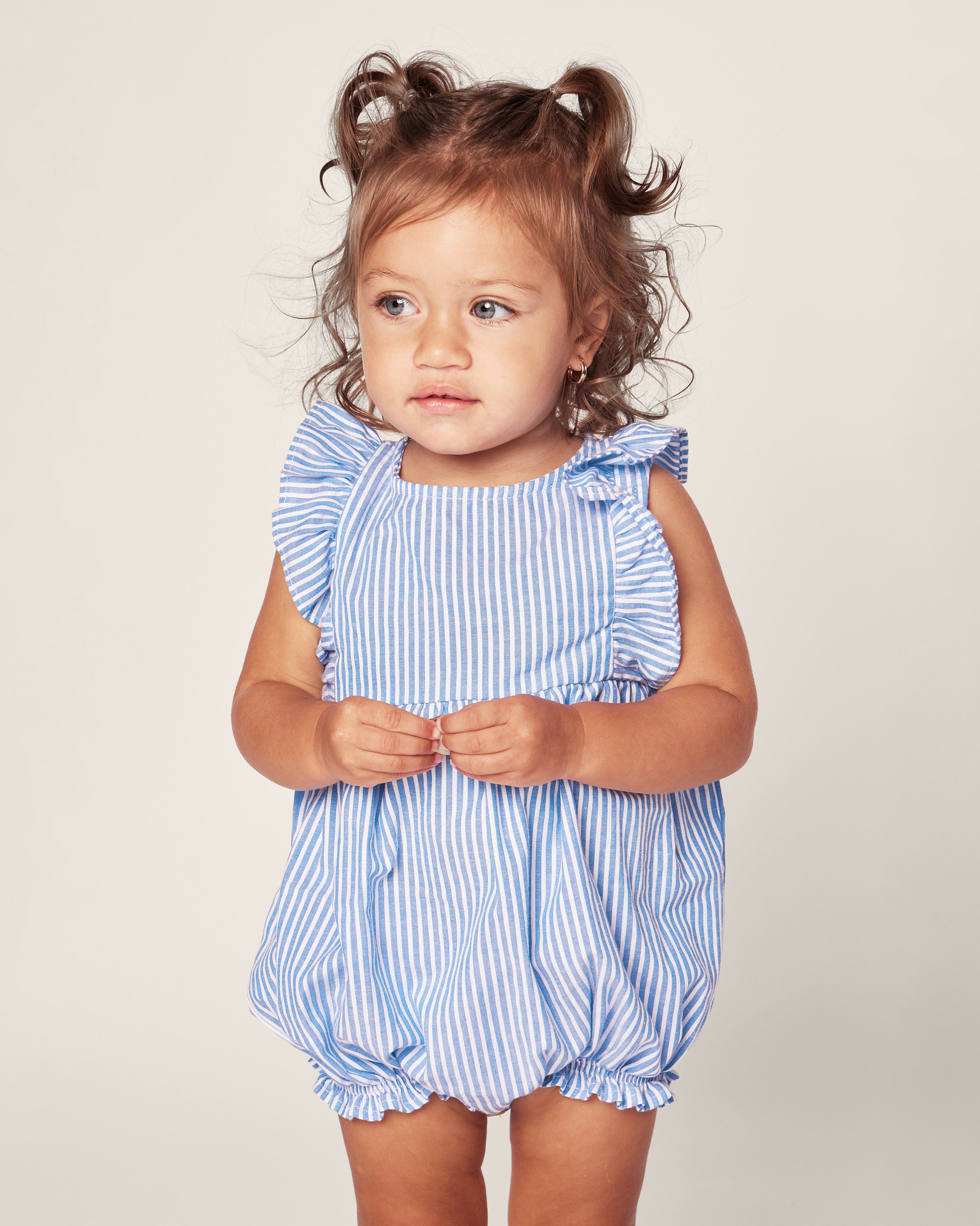 Baby's Twill Ruffled Romper in French Blue Heritage Stripe