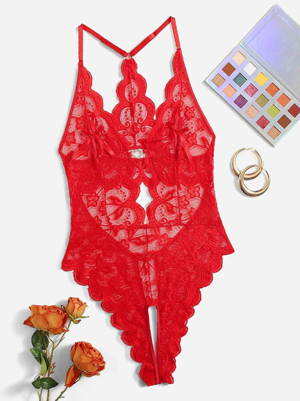 Lace See-Through Crotch-Free One-Piece Lingerie