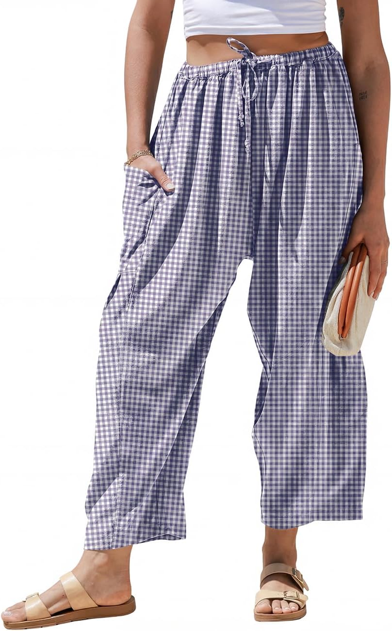 Womens Linen Wide Leg Striped Pants Casual Barrel Loose Drawstring Low Waist Palazzo Harem Pants with Pockets