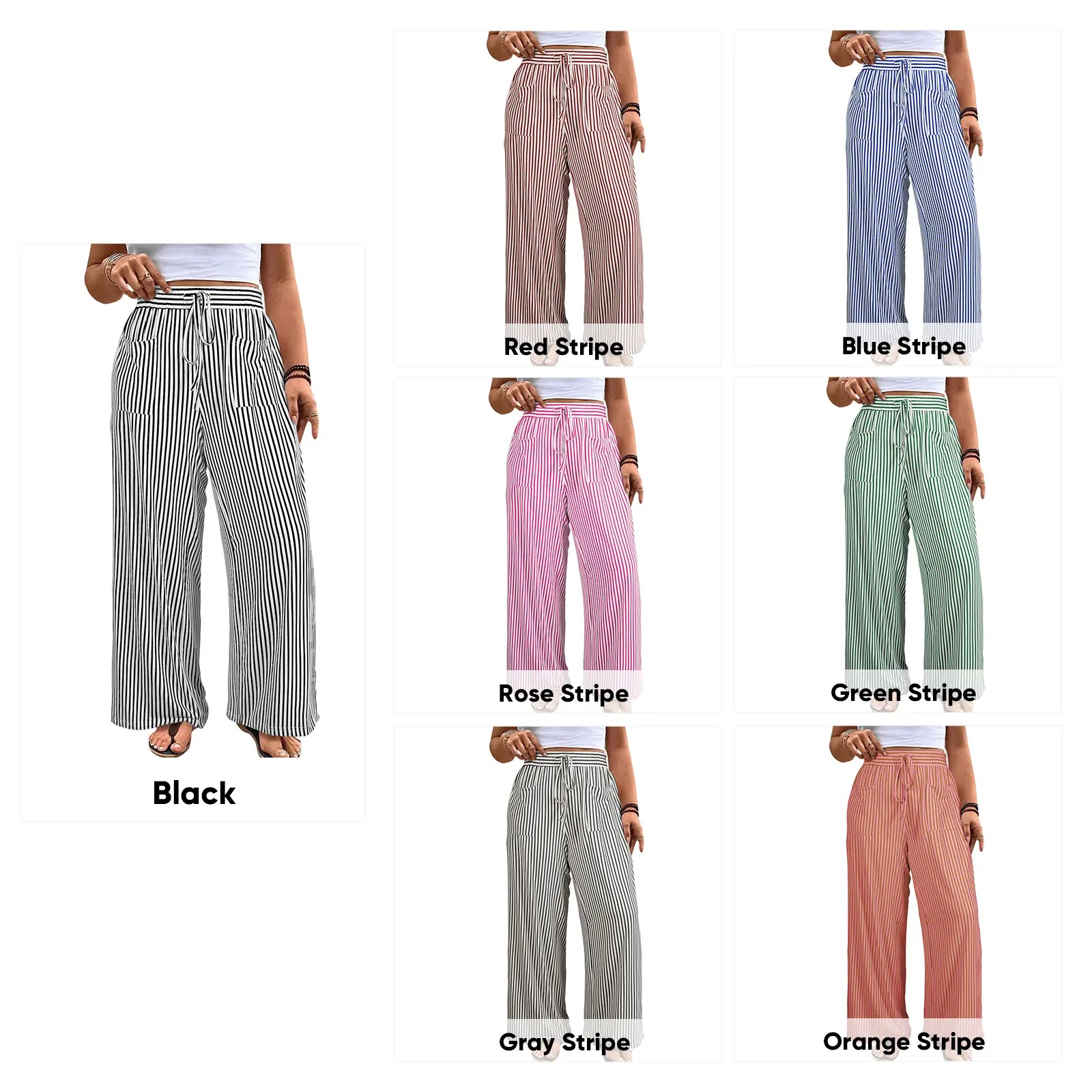 Women‘s Plus Size Wide Leg Pants Elastic High Waist Striped Casual Palazzo Pants Lounge Trouser with Pockets (1X-5X)