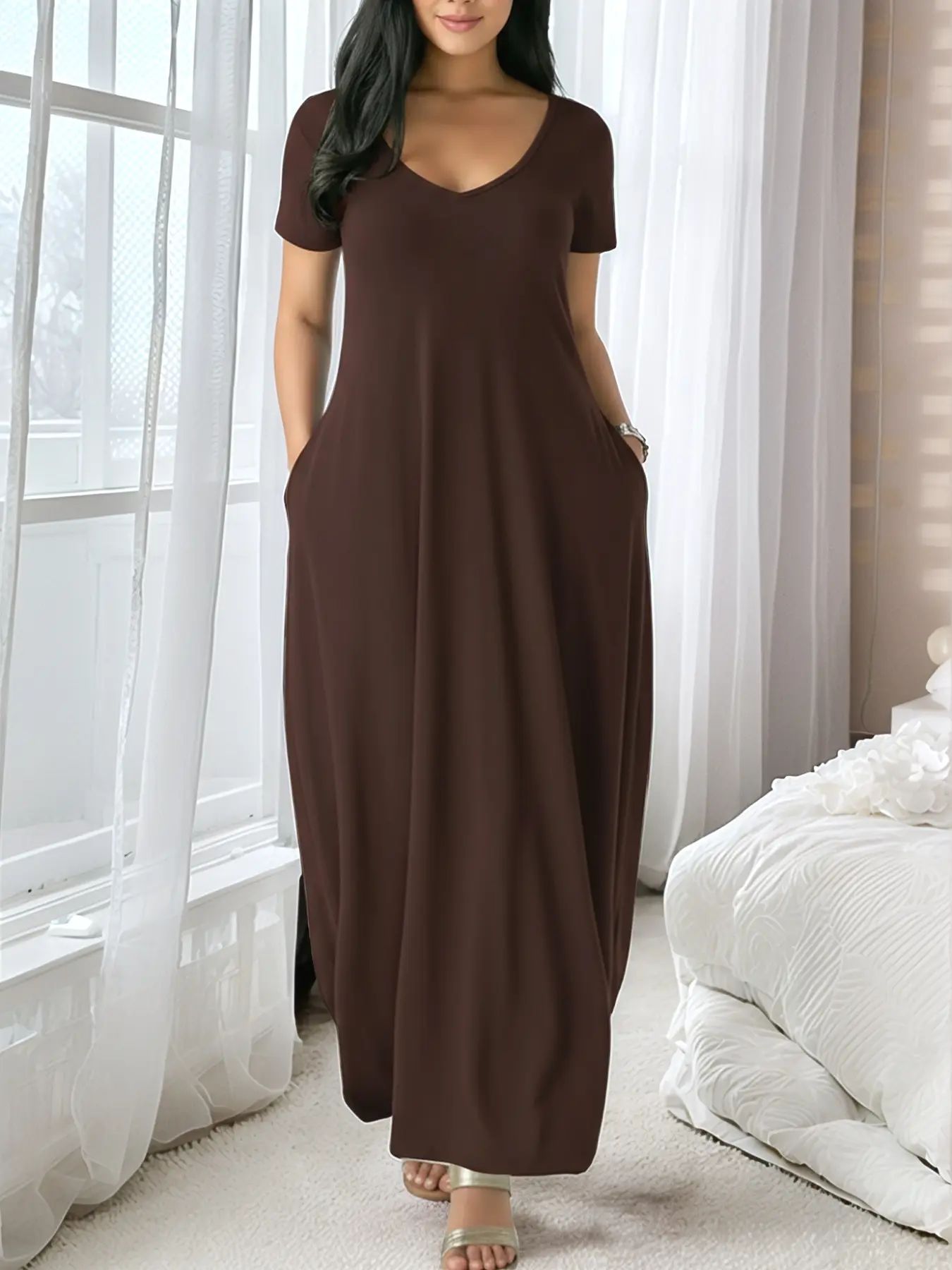 🔥Only $4.8 Each/Women's Long Fitted Large Round Neck Dress, Casual Home Sleepwear