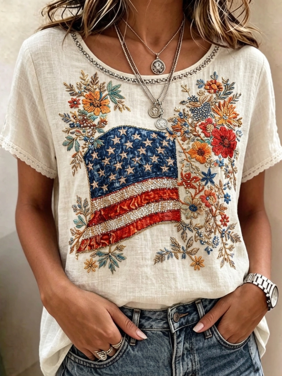 Women's American Flag Flowers Linen Short-sleeved T-shirt