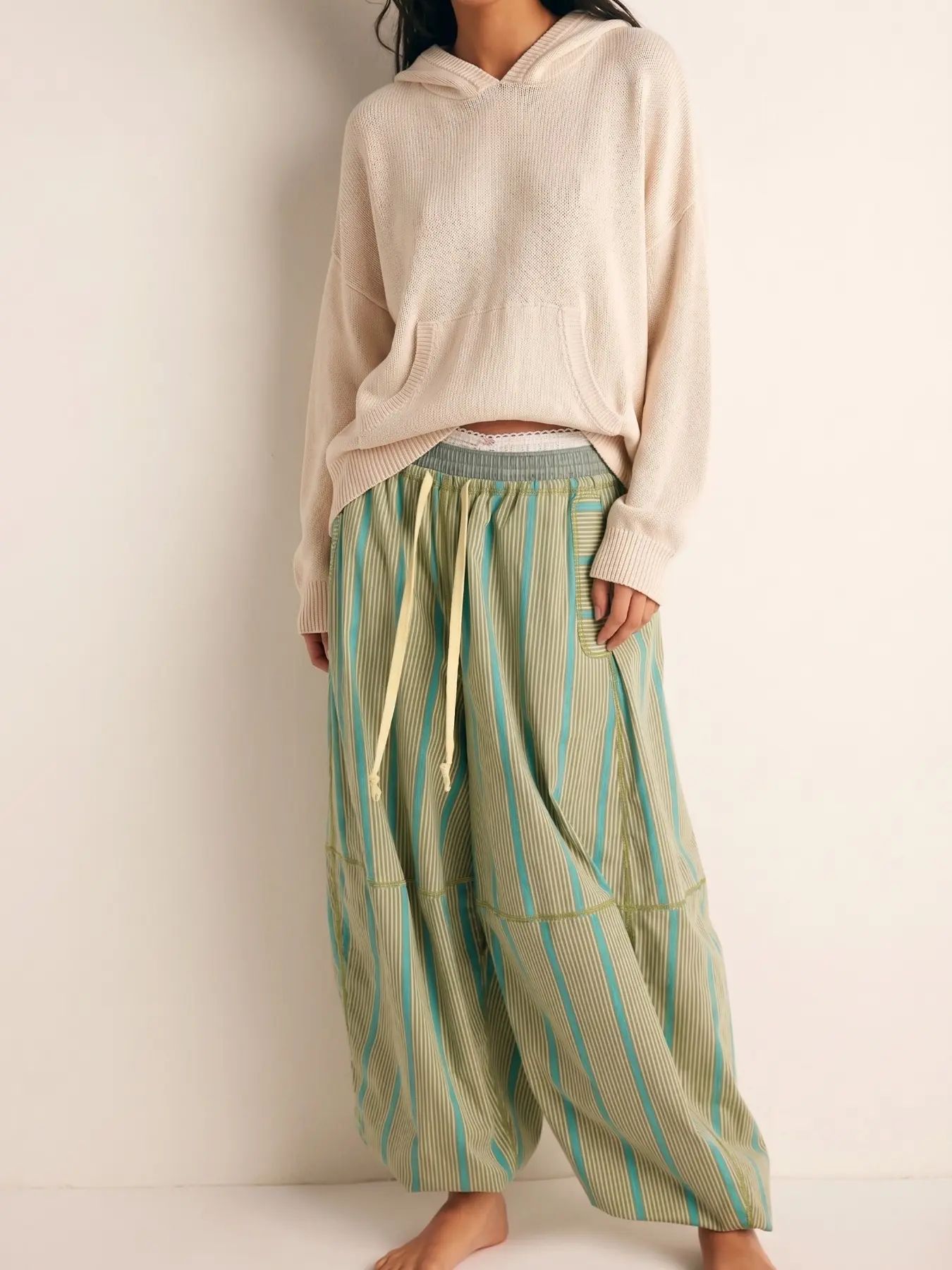 🔥LAST DAY SALE 90% OFF💕Striped Wide Leg Pants, pumpkin pants,Millennial Style Loose Fit Drawstring Waist