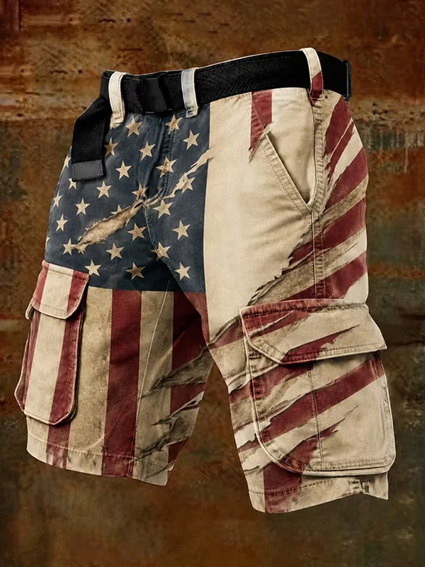 Men's Distressed American Flag Patriotic Ripped Style Art Print Casual Shorts