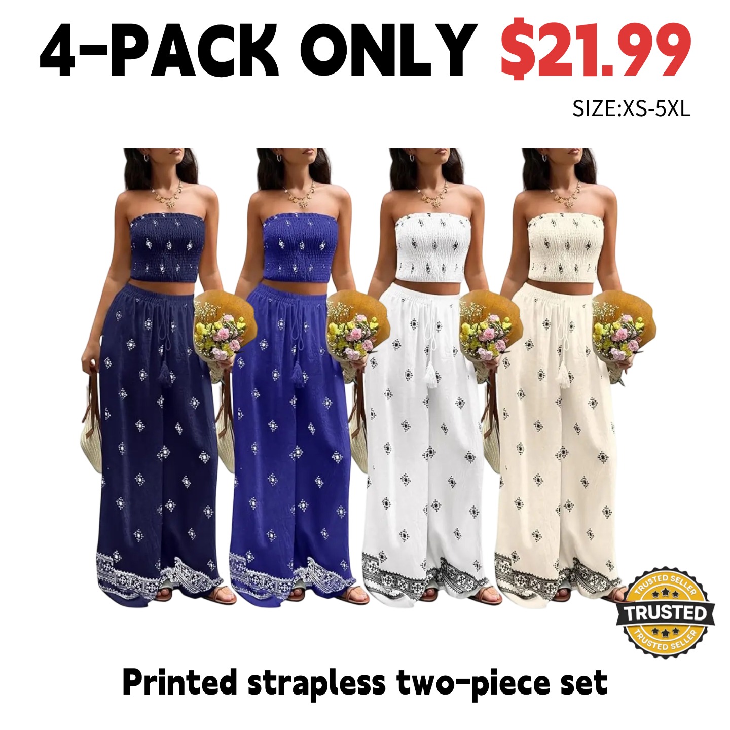 Women's Printed Bandeau Two-Piece Set – Beach Vacation Outfit (Bandeau Top + Trousers)