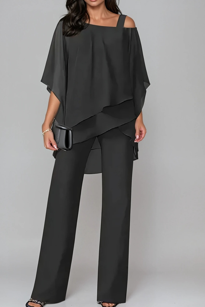 Elegant Layered Chiffon Top & Wide-Leg Pants Set