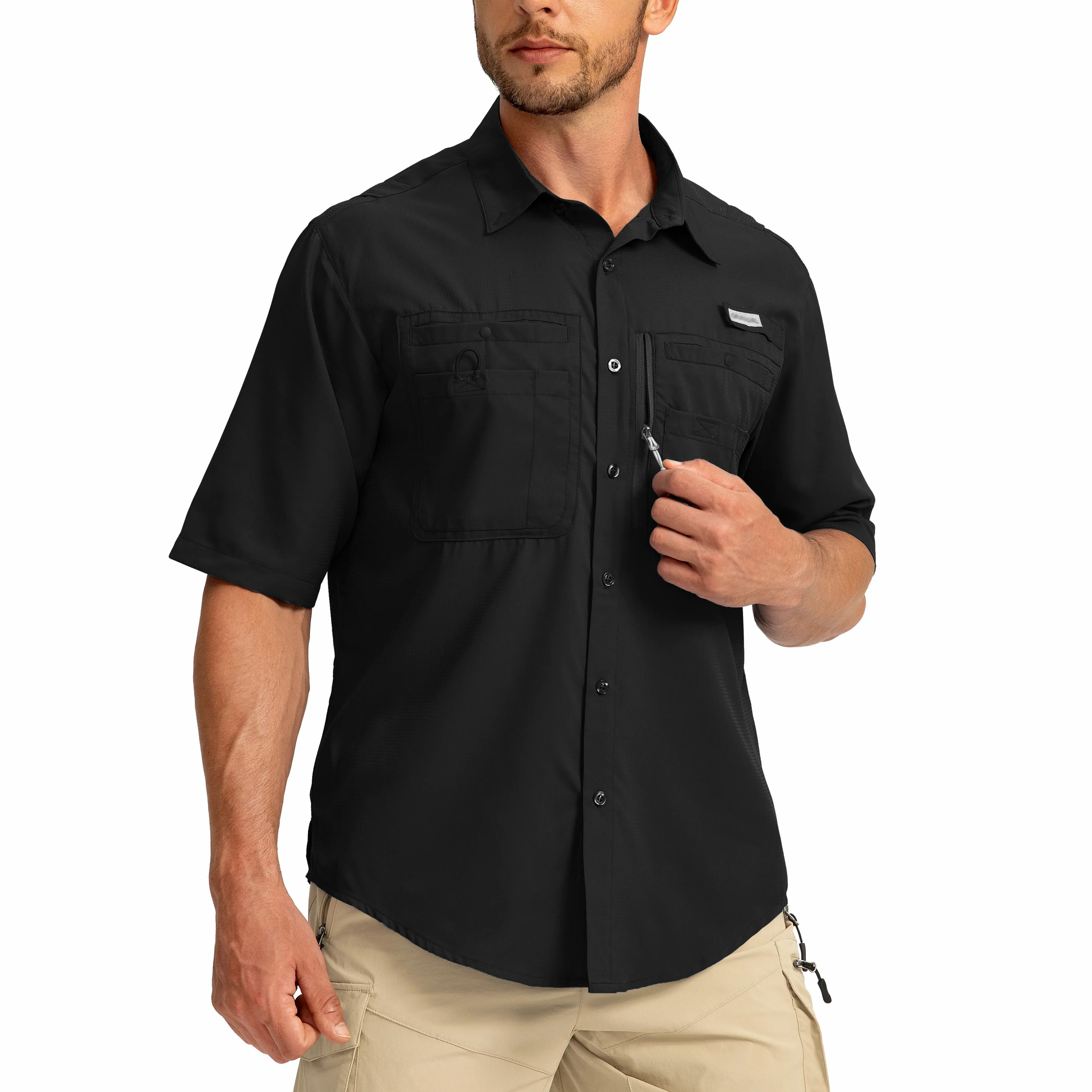 Men's UPF 50+ Fishing Shirt – Lightweight Quick-Dry Short Sleeve Button-Down with Zipper Pockets